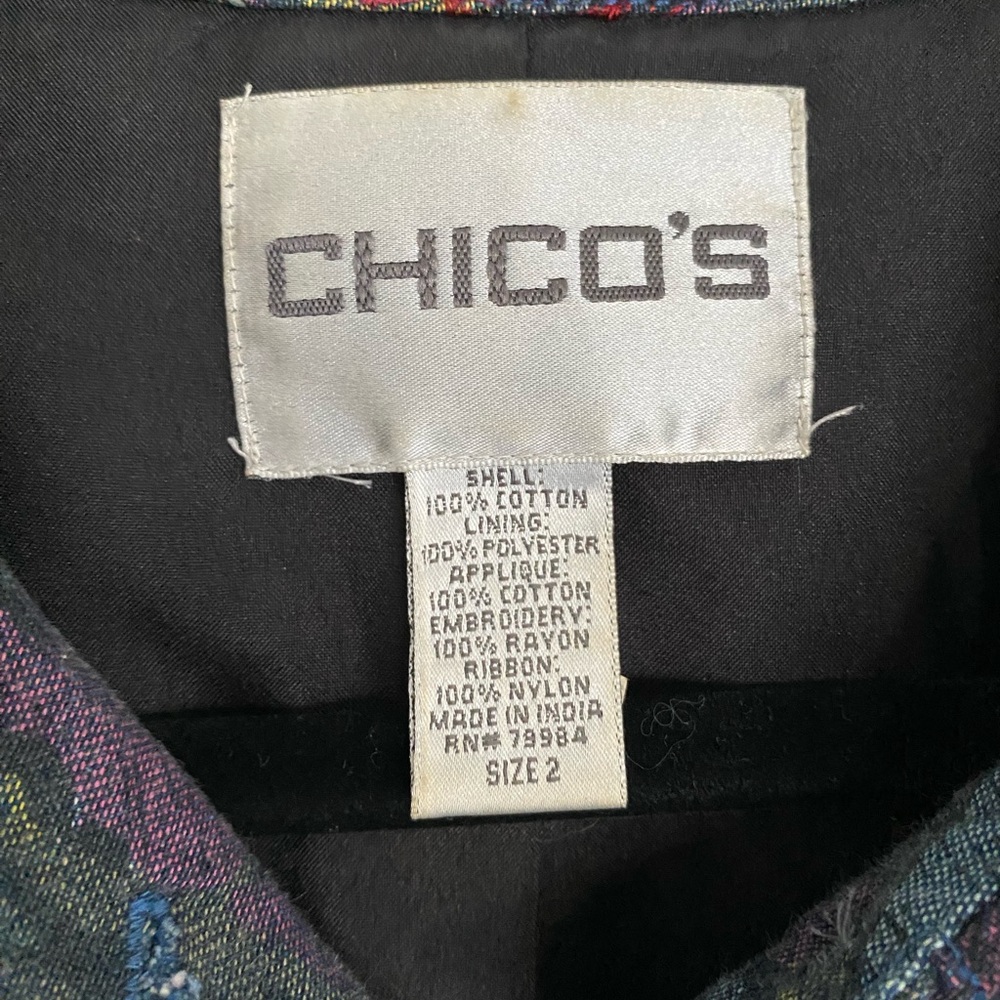CHICO'S Floral Soutache Crewel Embroidered Denim Jacket Size 2 Large Cotton - Picture 3 of 14